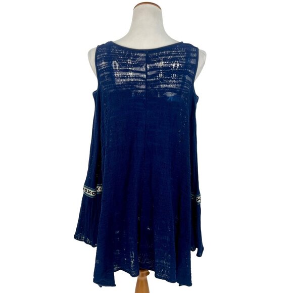 Free People Navy Blue Embroidered Bell Sleeve Cold Shoulder Tunic Mini Dress - Picture 7 of 15